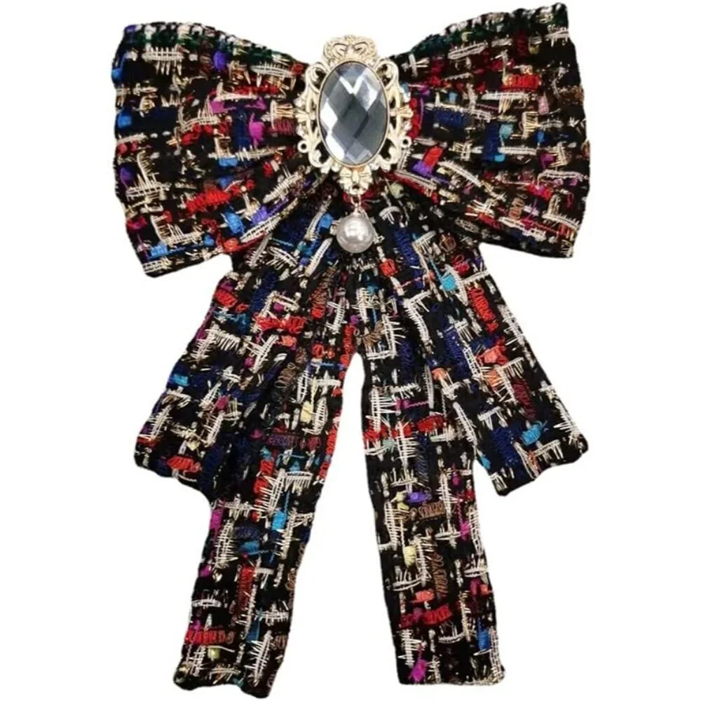 Women's Faux Pearl Rhinestone Bowknot Brooch Pin Elegant Necklace Accessory